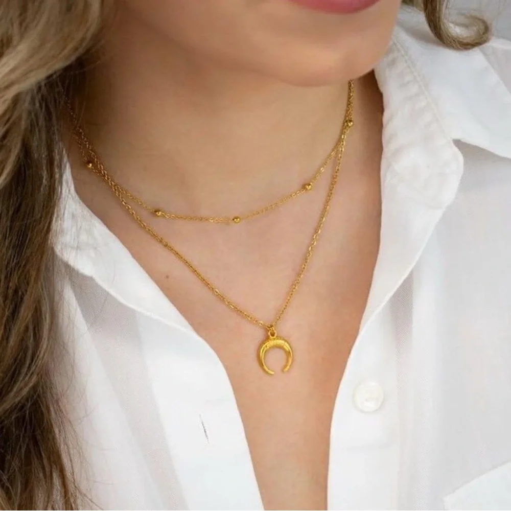 Gold 14k Gold Plated Beaded Moon Pendant Necklace